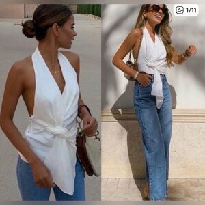 Zara Linen Blend Halter Top Ivory Open Back Xs NWT